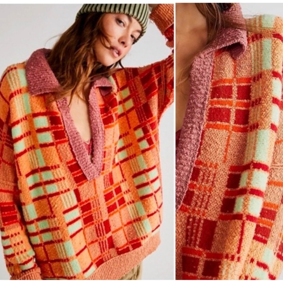 Free People Sweaters - Free People Check Me Out Plaid Pullover Sweater Orange Red Mint Green Oversized